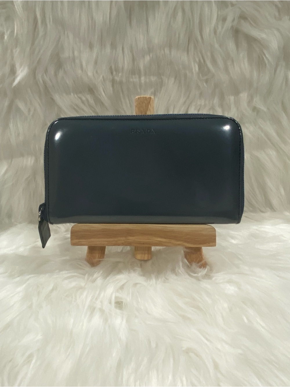 Prada Glossy Smokey Blue Zip Wallet - Picture 1 of 10